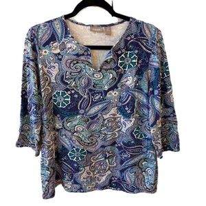 Chico's Size 2 Blue Abstract Floral‎ Paisley Print Blouse Top Shirt Size Large